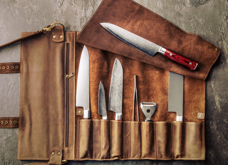 Set of professional cook tools. Special case of cook knives. View from above