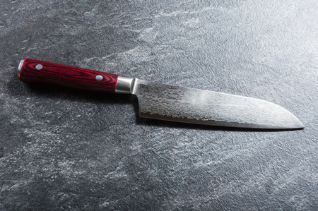 
Chef's knife from Damascus steel. A real Japanese work of art. View from aboveの写真素材
