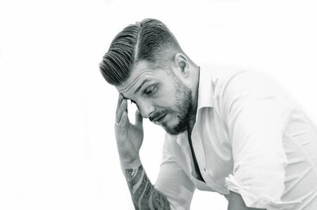 Man in a shirt is upset by an unsuccessful sports bet. Mixed mediaの写真素材