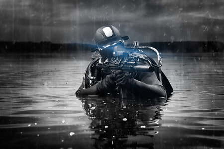 Trained commander of the Marines emerged with a scuba gear and moves to the target with weapons in...