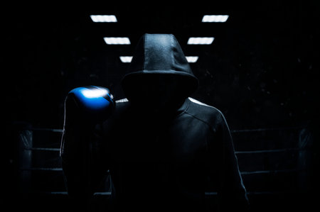 World champion in Thai boxing stands in the background of the ring with a raised blue glove. The concept of sport, healthy lifestyle, sports nutrition. Mixed mediaの写真素材