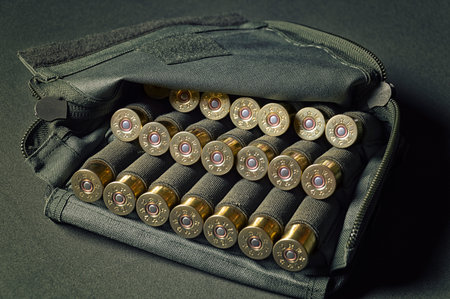 12 gauge shotgun shells used for hunting. Military concept, sport shooting, hunting. Mixed media