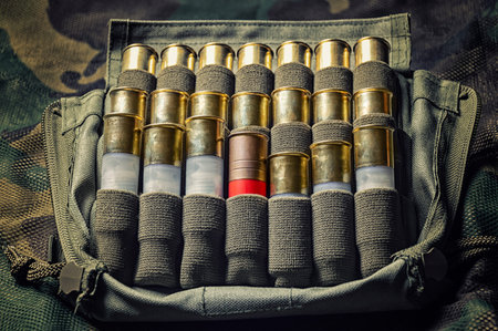 Set of cartridges for a shotgun. One cartridge is higher than the rest in the case. Business concept...