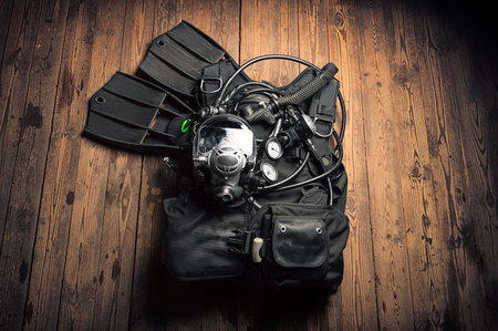 Set of equipment for scuba diving. The concept of sports, recreation, travel. Mixed media