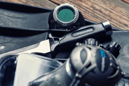 Set of equipment for scuba diving. The concept of sports, recreation, travel. Mixed media