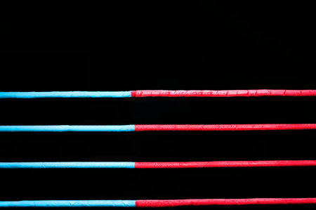 Boxing ring ropes on a black background. The concept of sports, mixed martial arts. Mixed mediaの写真素材