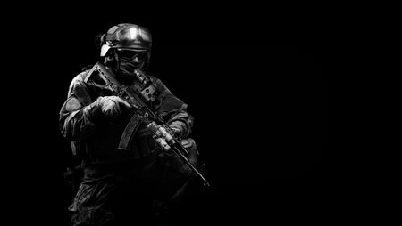 Portrait of a special forces soldier. The concept of military units. Computer games. Mixed media