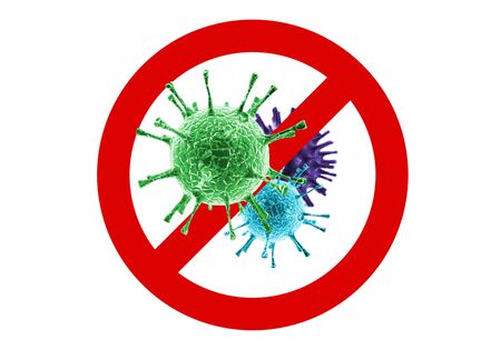 Abstraction sign stop viruses. Epidemic concept. Search for a vaccine. Quarantine. Stay home. Mixed mediaの写真素材