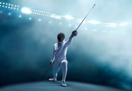 The fencer moves forward with a sword in his hand. Sport concept. Mixed media