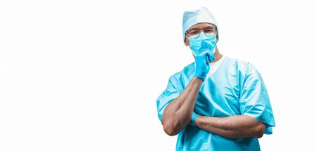 Portrait of a doctor in a mask on a white background. Medicine concept. Mixed mediaの写真素材