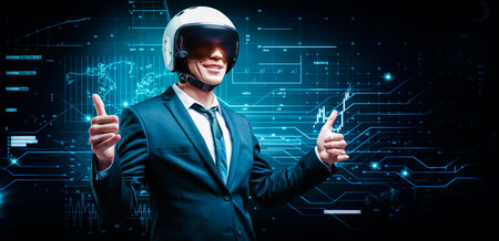Portrait of a man in a suit and helmet. He shows thumbs up on the background of a futuristic...