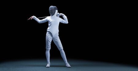 Charming girl dressed as a fencer posing with a mask and a sword. The concept of fencing. Mixed mediaの写真素材