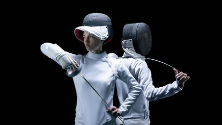 Portrait of two fencers on a black background. The concept of fencing. Duel. Mixed mediaの素材 [FY310150078617]