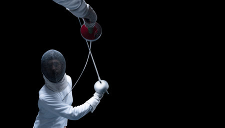 Two fencers are fighting in a tournament. The concept of fencing. Mixed media