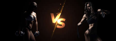 Two athletes posing against a black background. Bodybuilding versus CrossFit concept. Mixed mediaの写真素材