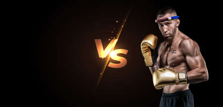 Image of a professional Thai boxer. Tournament table. Muay Thai, kickboxing, martial arts concept. Mixed mediaの写真素材