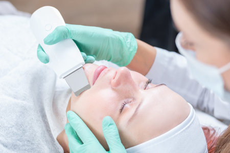 The beautician cleans the patient's face with an ultrasound device. Beauty salons concept. Mixed...