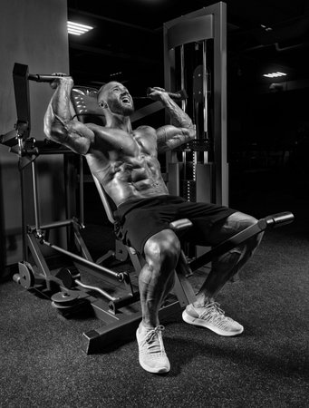 Professional athlete doing shoulder workout in the gym. Bodybuilding, fitness, sports concept. Mixed...