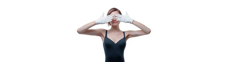 Beautiful young woman in white gloves covered her eyes with her hands. Mixed media