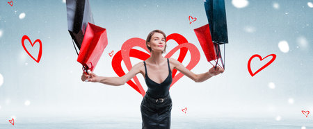Happy woman jumping for joy with craft bags. Valentine's Day concept. Mixed media