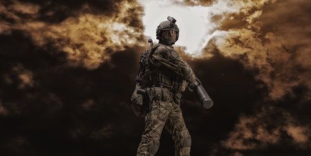 Image of a special forces soldier swinging an assault ram. SWAT concept. Anti-terrorism, fight against crime. Mixed mediaの写真素材
