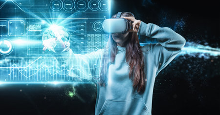 Image of a woman wearing virtual reality glasses. Cyber â€‹â€‹space. The concept of game...