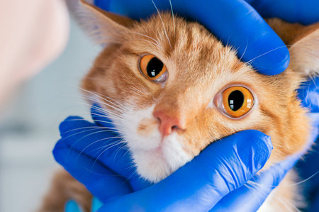 Examination of the cat's eyes. Veterinary medicine concept. Fat ginger cat. Mixed mediaの写真素材