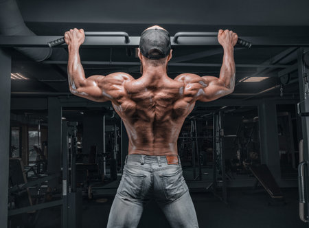 Muscular athlete pulls up in the gym. Fitness and bodybuilding concept. Mixed media
