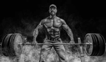 Muscular bearded man lifts a barbell. Bodybuilding, fitness, powerlifting concept. Mixed media