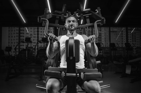 Handsome young man working out with a barbell in the gym. Biceps pumping. Fitness and bodybuilding...
