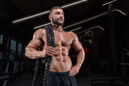 Muscular man posing in the gym with a rope. Fitness concept. Mixed media