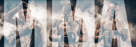 Image of three mixed martial arts fighters against a smoky background. Boxing, kickboxing, muay thai...