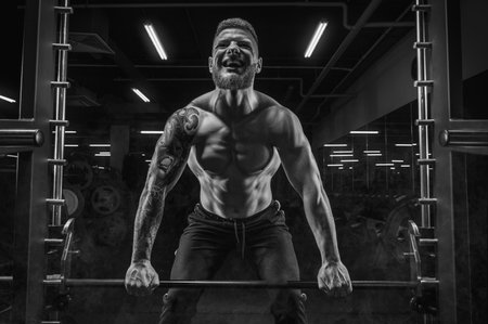 Portrait of an athlete performing a deadlift in the gym. Bodybuilding and fitness concept. Mixed mediaの写真素材