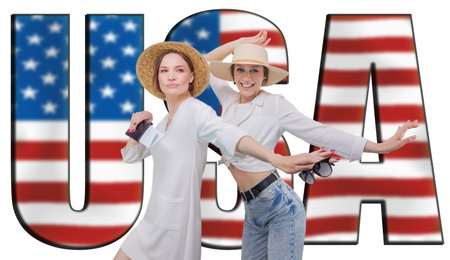 Portrait of two women ready to travel. Billboard with the inscription "USA". Mixed mediaの写真素材