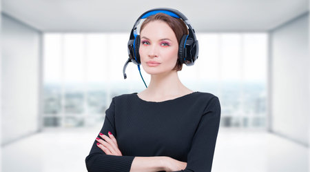 Image of an attractive woman with a headset. TV shopping concept. Mixed media