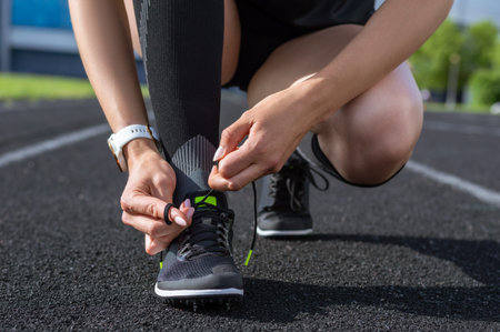 Image of lacing athletic shoes on a stadium track. Running concept. Mixed media