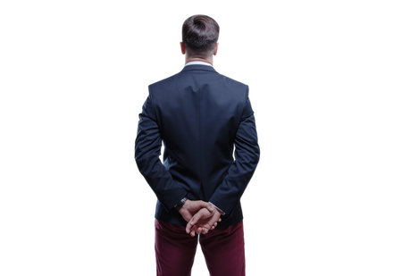 Image of a man in a suit on a white background. Back view. Business concept. Mixed media
