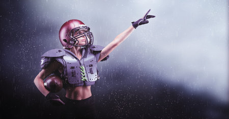 Brutal portrait of a girl in the uniform of an American football team player. Equipment advertising....