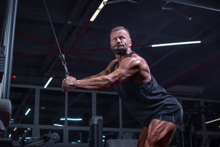 Image of a powerful athlete exercising in a crossover at the gym. Triceps pumping. Fitness and...
