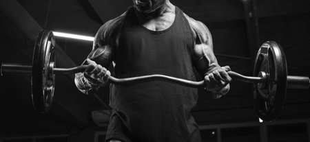 Image of a powerful athlete lifting a barbell in a gym. Biceps pumping. Fitness and bodybuilding concept. Mixed mediaの写真素材