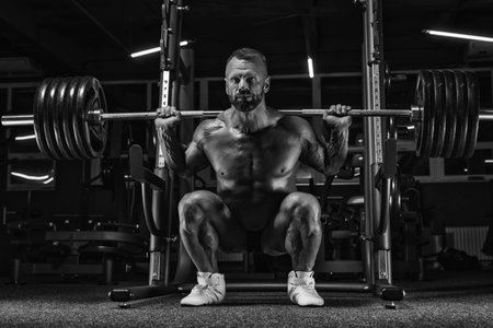 Image of a powerful athlete squatting with a barbell in a gym. Fitness and bodybuilding concept. Mixed mediaの写真素材