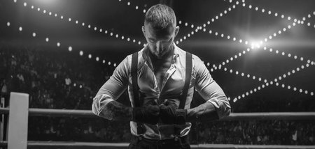 Black and white image of a bearded man in a white shirt and suspenders in the ring. The concept of...