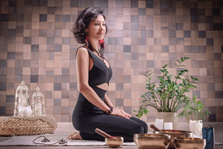 Image of an adult woman in yoga place. Meditation. The concept of yoga and spiritual practices....