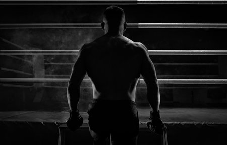 Kickboxer climbs into the ring. view from the back. sports competitions. Fight night. The concept of...