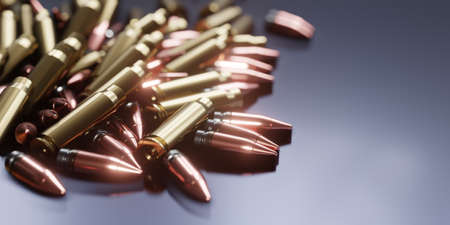 3D Rendering, realistic mockup of bullets. Rifle bullets close-up. Cartridges for rifle and carbine.の写真素材