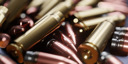 3D Rendering, realistic mockup of bullets. Rifle bullets close-up. Cartridges for rifle and carbine.