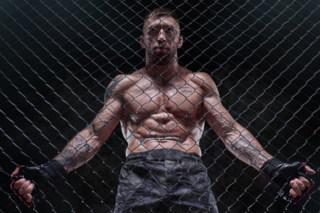 Dramatic image of a mixed martial arts fighter standing in an octagon cage. The concept of sports,...