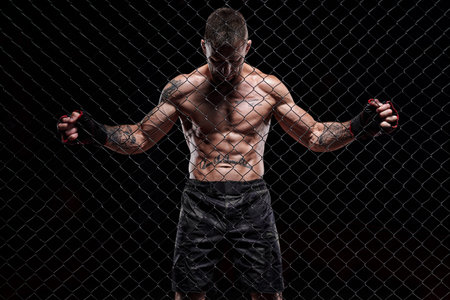 Dramatic image of a mixed martial arts fighter standing in an octagon cage. The concept of sports,...