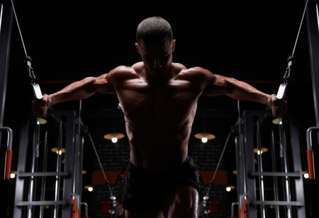 Handsome strong athletic man pumping up muscles, training, bodybuilding concept, muscular bodybuilder, handsome men doing exercises in the gym, naked. mixed mediaの写真素材