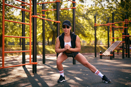 Beautiful young fitness girl is warming up at the stadium before training. Attractive slender brunette in a tracksuit, black cap and sunglasses. Active lifestyle.の写真素材